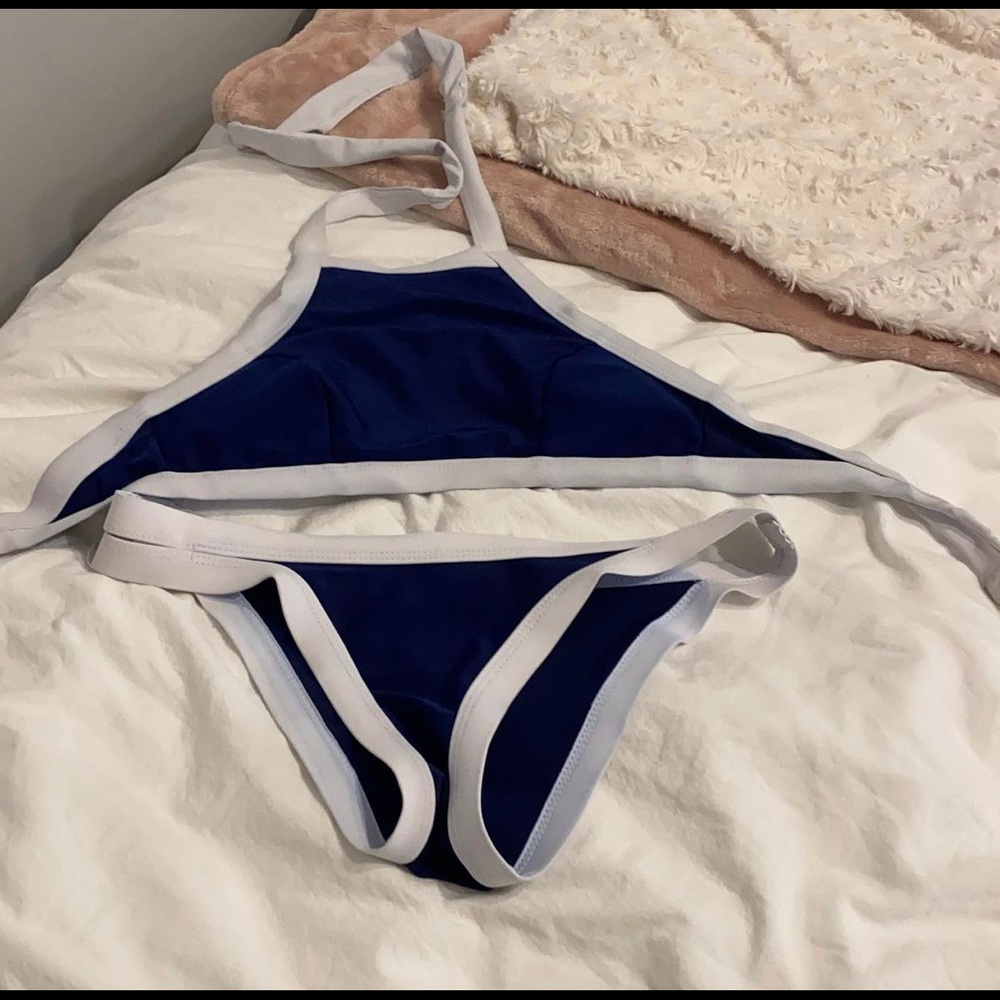 blue and white halter bikini